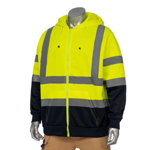 Color Block Reflective Tape Safety Zipper Hoodie With Kangaroo Pocket | Safety yellow